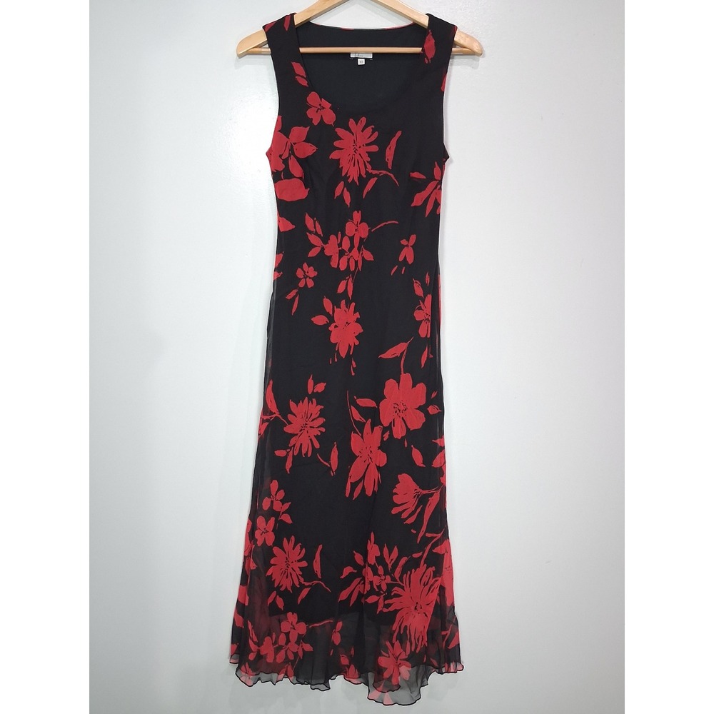 Believe Womens Floral Sleeveless Midi Dress Black Red Size 10 Made in USA Whimsy